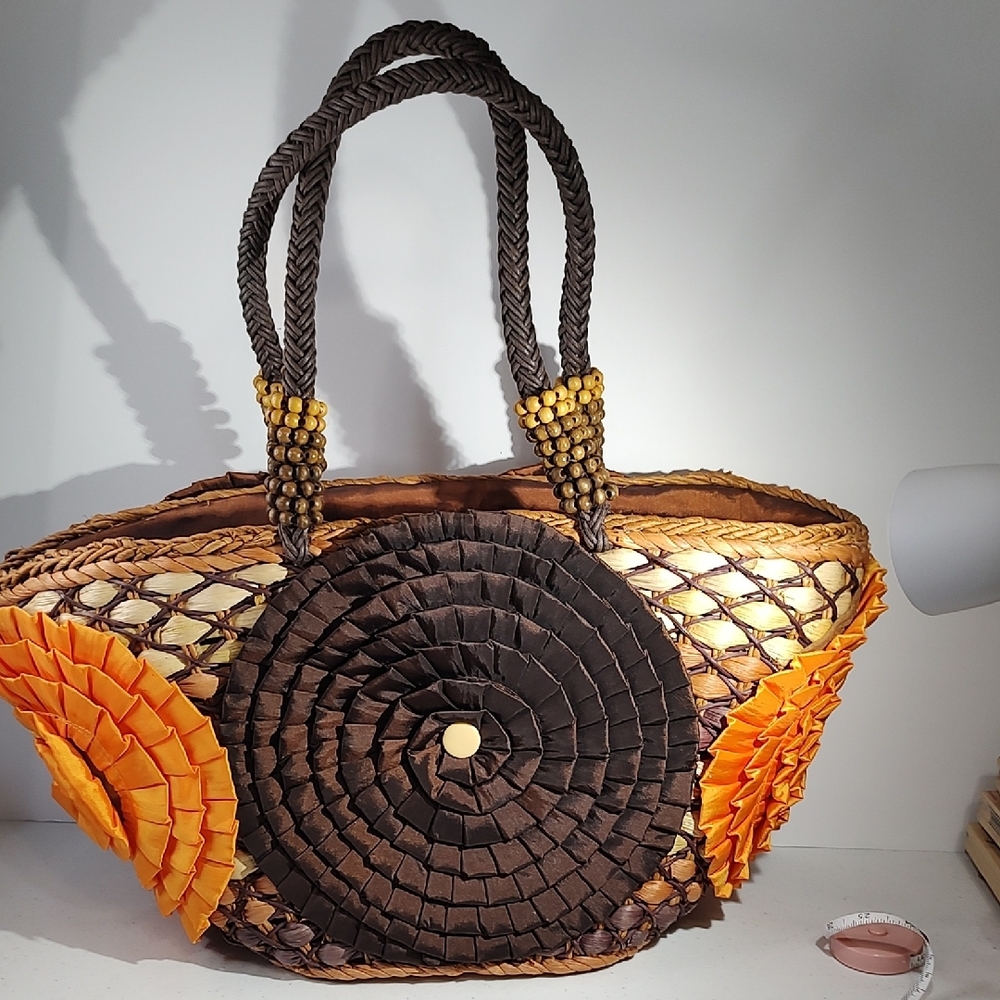 Chico's Brown and Orange Tote with Rosette Accents - Picture 11 of 16